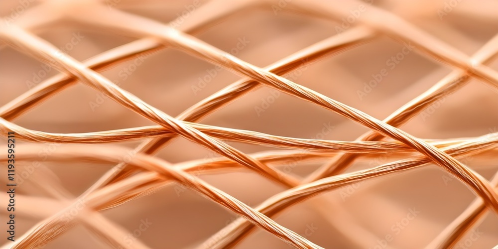 Poster a close-up of intertwined strands or fibers, creating a woven pattern with a warm, coppery color. co