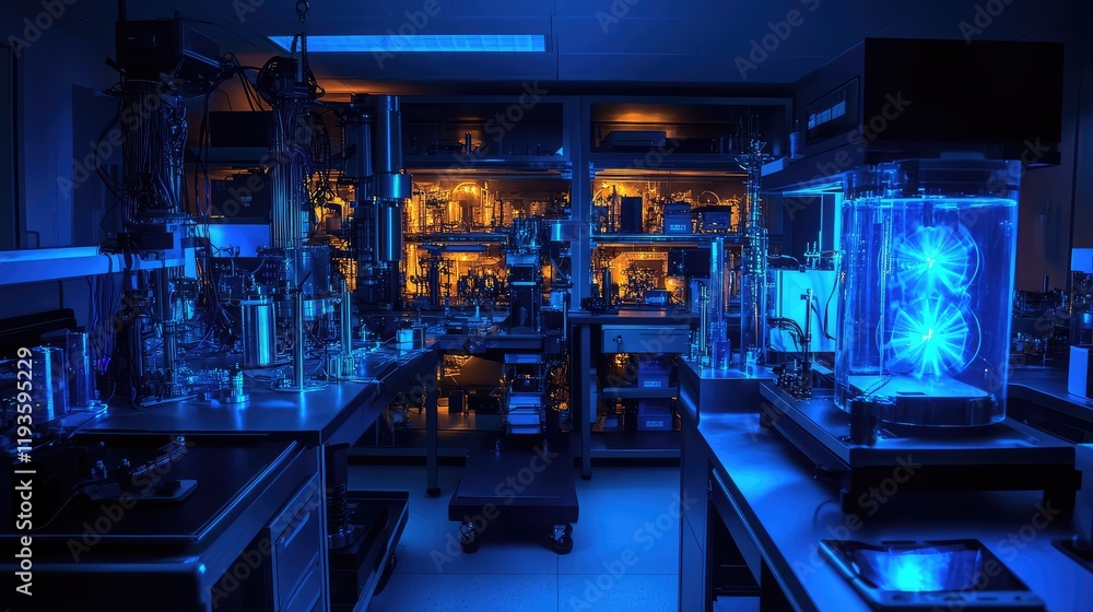 Poster high-tech quantum research lab with quantum entanglement experiments and glowing qubits in motion