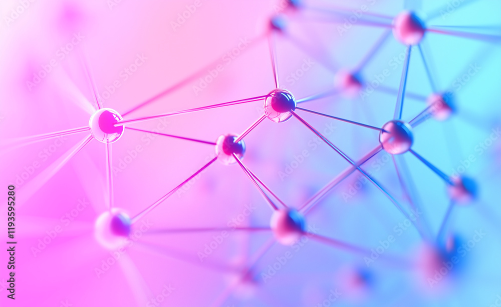 Poster abstract close-up of a pink molecular structure connected by thin lines, set against a soft blue and