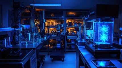 Obraz premium High-tech quantum research lab with quantum entanglement experiments and glowing qubits in motion