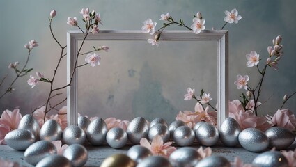 Fototapeta premium Elegant Silver Easter Eggs with Pink Flowers and Frame