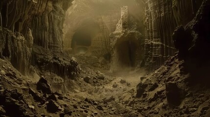 A dark, cavernous landscape with rocky terrain and soft light illuminating the interior.