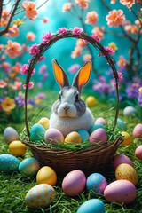 Cute Easter Bunny in Basket with Colorful Eggs on Grass