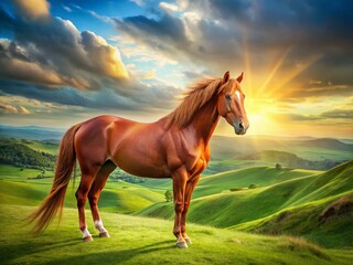Majestic Red Horse in Serene Landscape - Stunning Equestrian Portrait