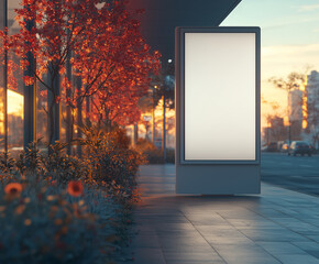 Contemporary Urban Advertising Panel mockup on a Sidewalk Lined with Red Autumn Trees, Vibrant City Scene at Sunset