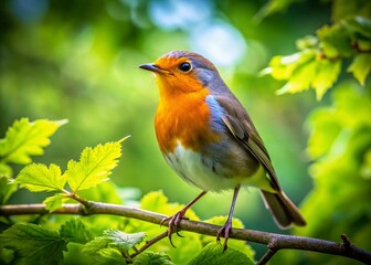 Majestic Robin Bird Perched on Tree Branch in Lush Forest - Drone Aerial View Stock Photo