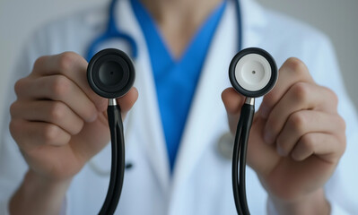 Close-up of two healthcare professionals in blue scrubs and white coats, one with a stethoscope around their neck and another holding it. The blurred background emphasizes their unity and dedication