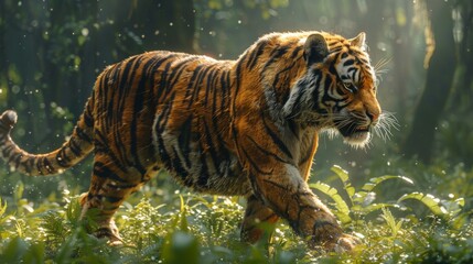 A large tiger walking across a lush green field