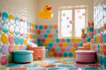 A vibrant kid-friendly bathroom with bright tiles, whimsical decor, and built-in step stools