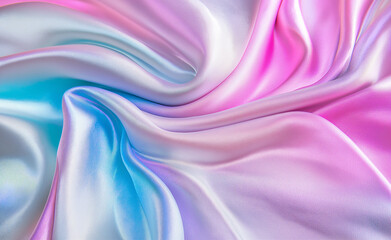 Fototapeta premium Luxurious flowing fabric in soft blue and pink tones, creating a smooth, elegant, and shiny texture.