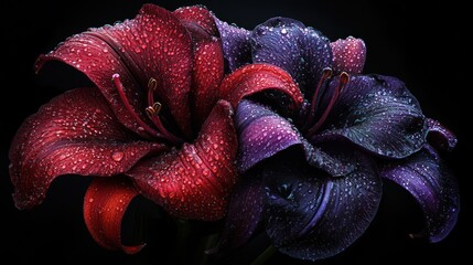 Close-up of vibrant red and purple lilies with water droplets on black background