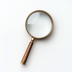 vintage magnifying glass with wooden handle, perfect for detailed examination and exploration. This minimalist design adds elegance to any workspace or study on white background