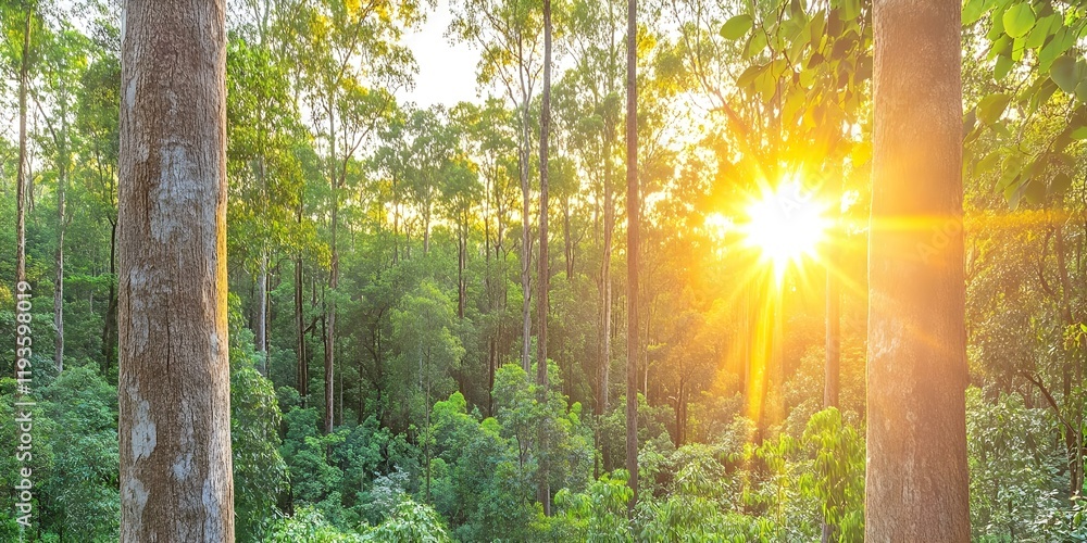Poster a lush forest with tall trees and sunlight streaming through the leaves, creating a serene and vibra