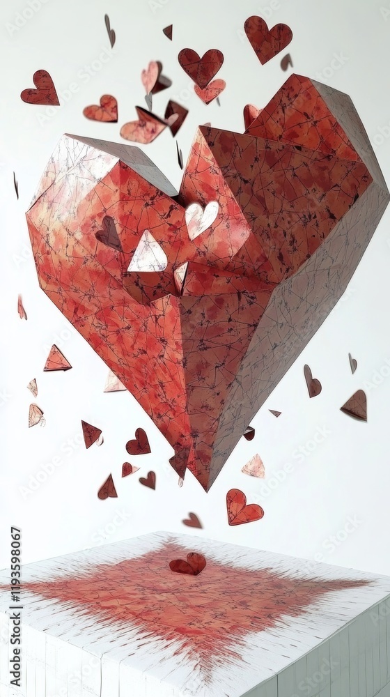 Poster origami explosion of a large heart releasing smaller intricately folded hearts in various patterns a
