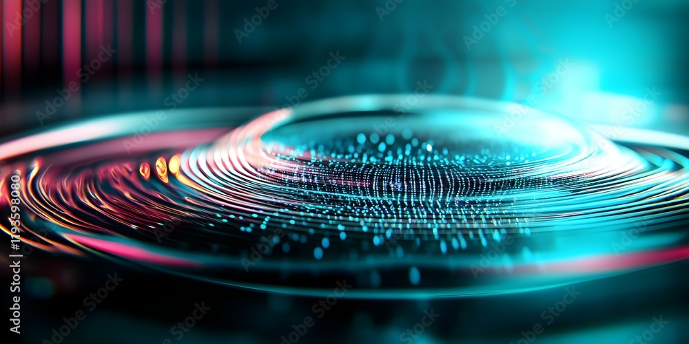 Aufkleber a colorful abstract representation of rippling waves and luminous particles, set against a blurred, 