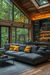 Cozy Modern Cabin Interior with Forest View and Stylish Design Elements