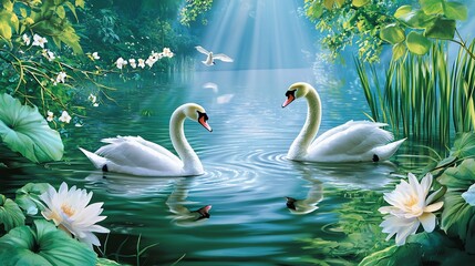 Obraz premium Two swans in a serene pond, illuminated by sunlight, beautiful floral setting. Possible use Wallpaper, desktop background