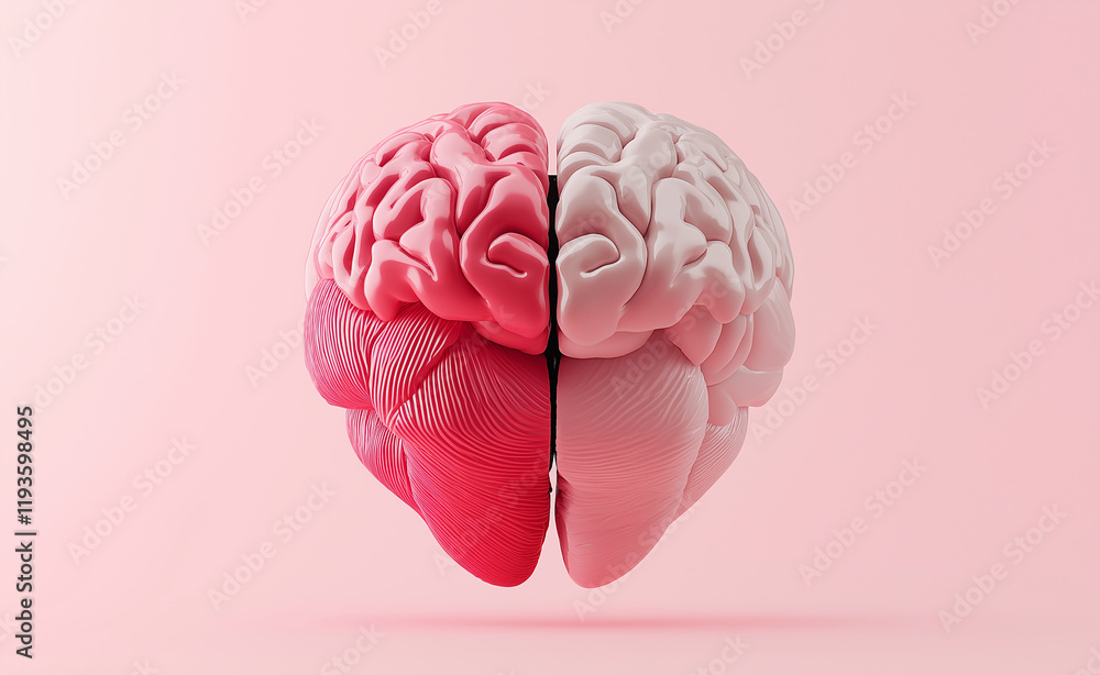 Poster a sculptural brain model with one half pink and the other white, symbolizing the balance between emo