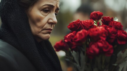 Elderly Woman Mourns Holding Red Roses