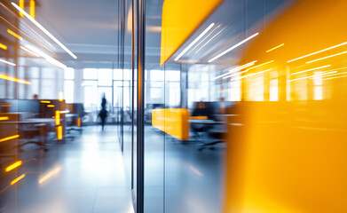 Modern office interior with glass walls, blurred figures, and vibrant orange light accents, symbolizing a collaborative work environment.