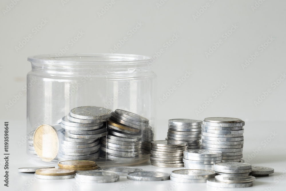 Poster saving coin in jar isolated