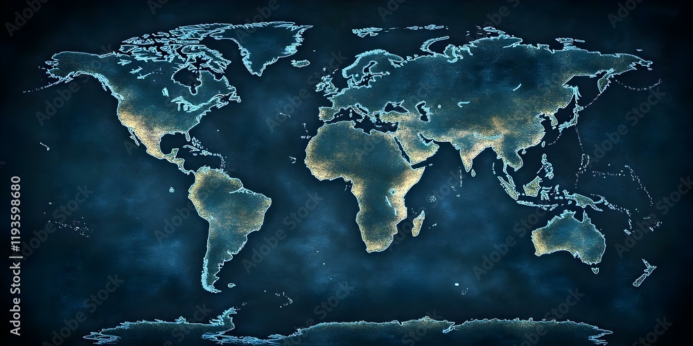 Poster a world map highlighting continents and regions with a textured, artistic style against a dark backg