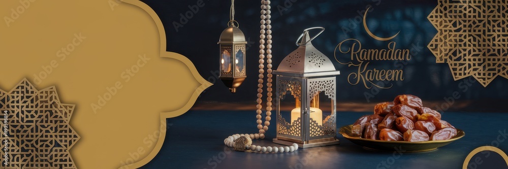 Poster ramadan kareem festive scene with lanterns and dates