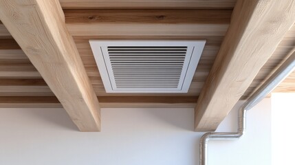 Obraz premium Close-up view of a white air vent and red metal pipe situated in a contemporary ceiling setting, featuring a raw surface style.