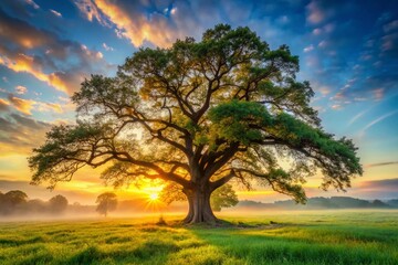 Fototapeta premium Majestic Sunrise Oak Tree in Serene Meadow - Documentary Photography Stock Photo