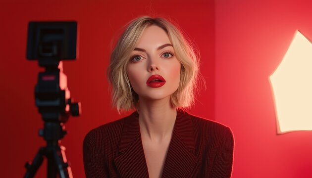 Blonde Beauty Blogger Films Daily Makeup Routine Tutorial, Live Streams Product Reviews, And Compares Lipsticks In Home Studio. - Powered by Adobe