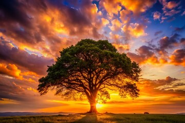 Fototapeta premium Majestic Sunset Silhouette of a Lone Tree - Stunning Nature Photography