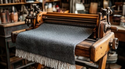 Vintage Loom with Woolen Fabric in Rustic Workshop Setting