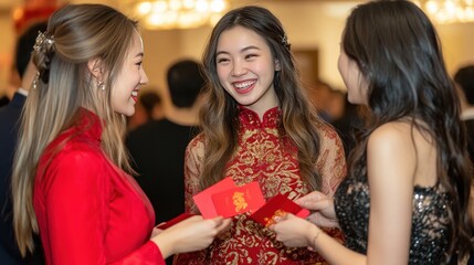 Young women in elegant Chinese New Year dresses exchange red envelopes as they smile and chat during the celebration.