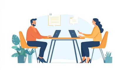 Business Colleagues Collaborating on Project  at Office Desk Using Laptops, Modern Workplace, Teamwork Concept Illustration