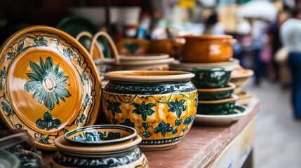 Colorful handcrafted ceramic pottery display at outdoor market