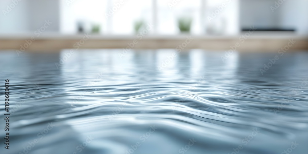 Poster a close-up view of calm water with gentle waves, reflecting light, likely in an indoor setting with 