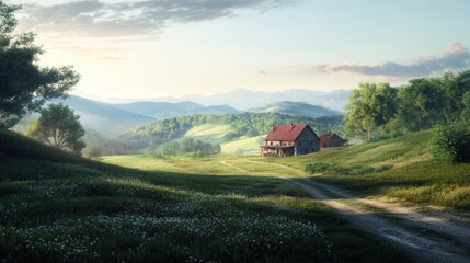Serene Landscape with Countryside House and Rolling Green Hills