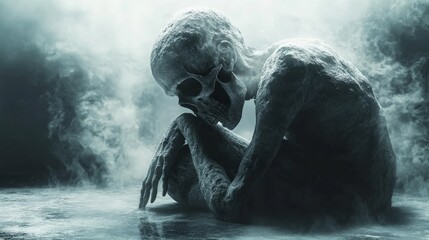 Obraz premium A skeleton is sitting on the ground with its head down