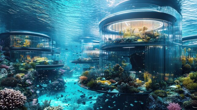 Futuristic underwater habitat featuring cylindrical glass structures among vibrant coral reefs