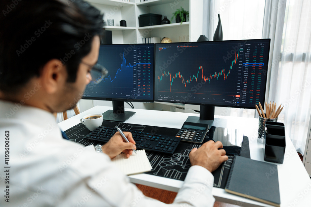 Poster smart trader businessman analyzing in two dynamic stock exchange investment screen on pc with invest