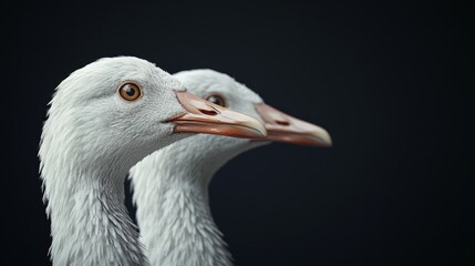 Two white ducks with brown beaks and orange eyes