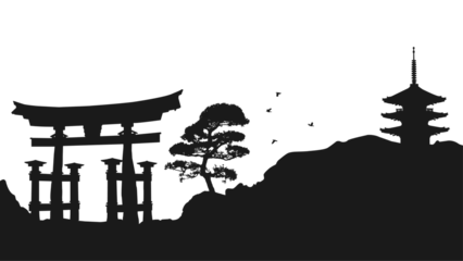 Gardinen Silhouette of Japanese landscape with torii gate, pine tree on a rock, flying birds, ancient pagoda. Japan scene with traditional Asian buildings. Black vector illustration on a transparent background © Olha