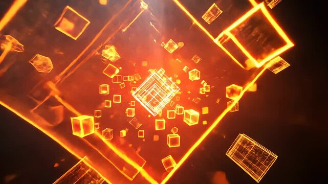Abstract Digital Cubes, Orange Glowing Hypercube, Futuristic Data Stream