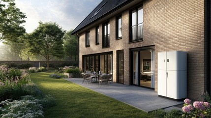 Modern house features a sleek air source heat pump installed next to a vibrant green lawn and hydrangea flower pot under bright sunlight.