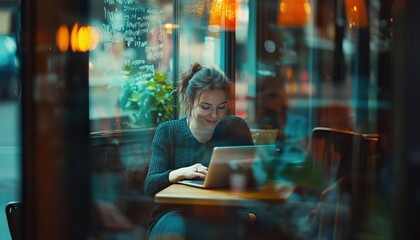 Fototapeta premium European Businesswoman Works On Laptop With A Smile In A Cozy Cafe With A Blurred Background.