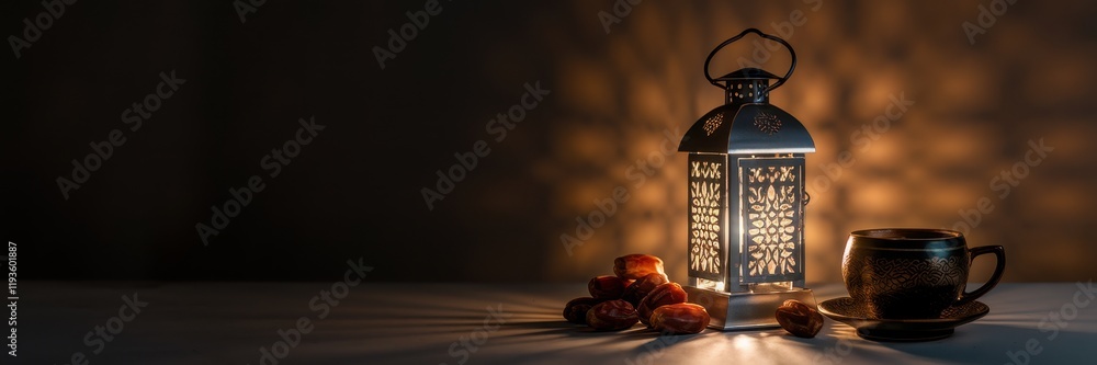 Poster illuminated lantern dates and coffee cup setting