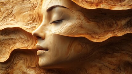 A woman's face is carved into a piece of wood, with her eyes closed