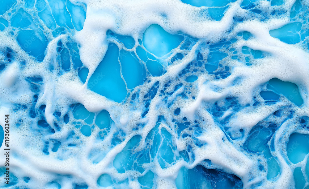 Poster close-up abstract view of bright blue and white foam textures resembling ocean waves or cellular pat