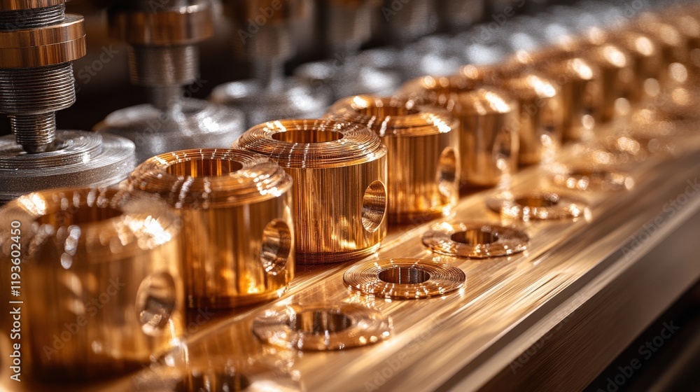 Poster close-up view of precision-made metallic components on an industrial production line showcasing adva