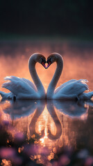 Graceful White Swans Confront Each Other Across Tranquil Water Reflecting Golden Hour Light